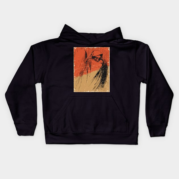 Grim Reaper Vintage Drawing Happy Halloween Pencil Sketch Dark Creepy Drawings Retro Original Artwork Kids Hoodie by Modern Art